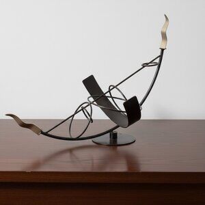 Mid-Century Modern Metal Wine Bottle Holder Brutalist Abstract Sculpture Bronze